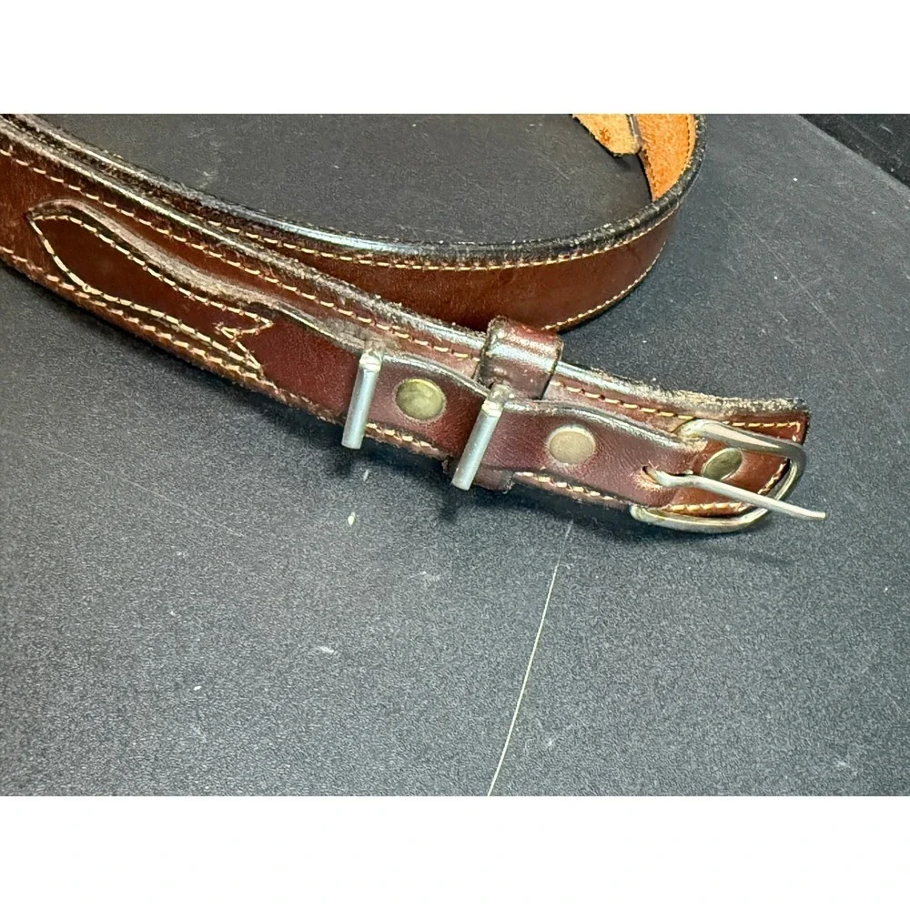 Vintage Ranger Leather Belt Brown Stitched Silver Buckle Size 40 Western‎ Rustic